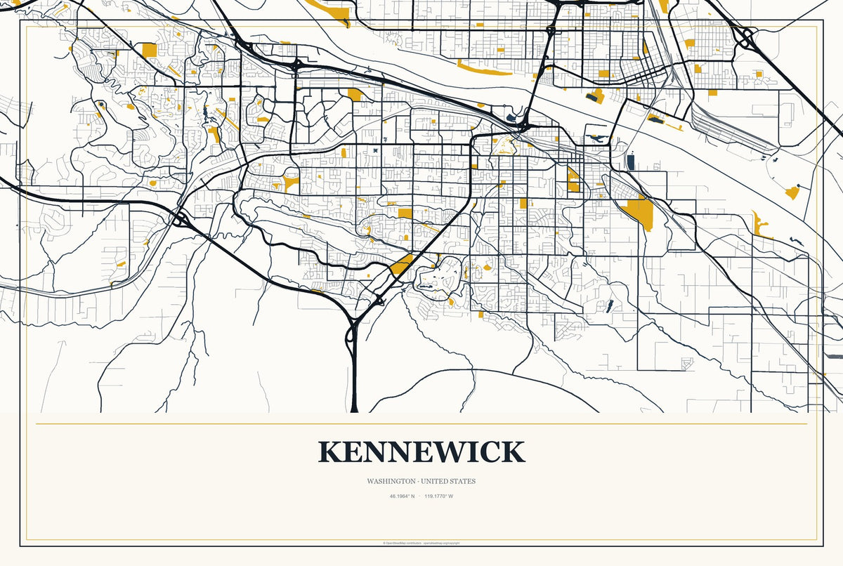 Kennewick, Washington City Map Aluminum Sign in Citrine Modern style