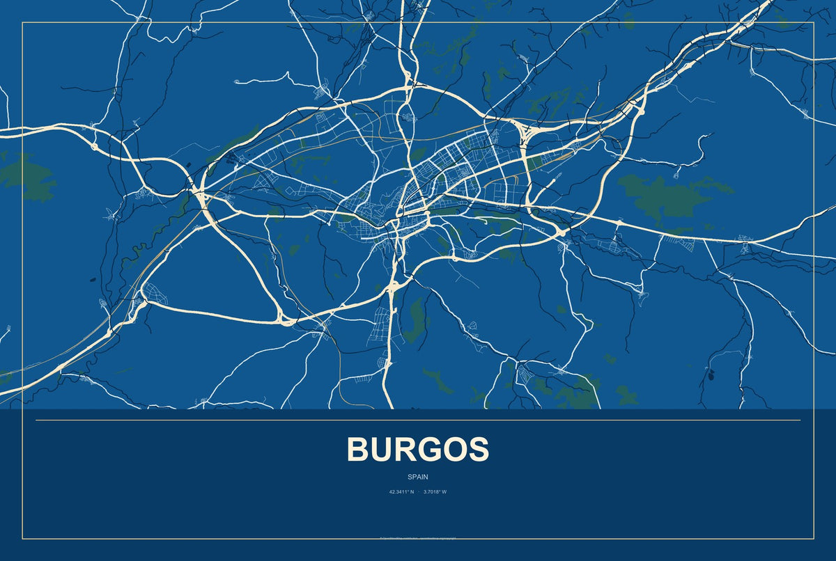 Burgos, Spain City Map Aluminum Sign in Harbor Cobalt style
