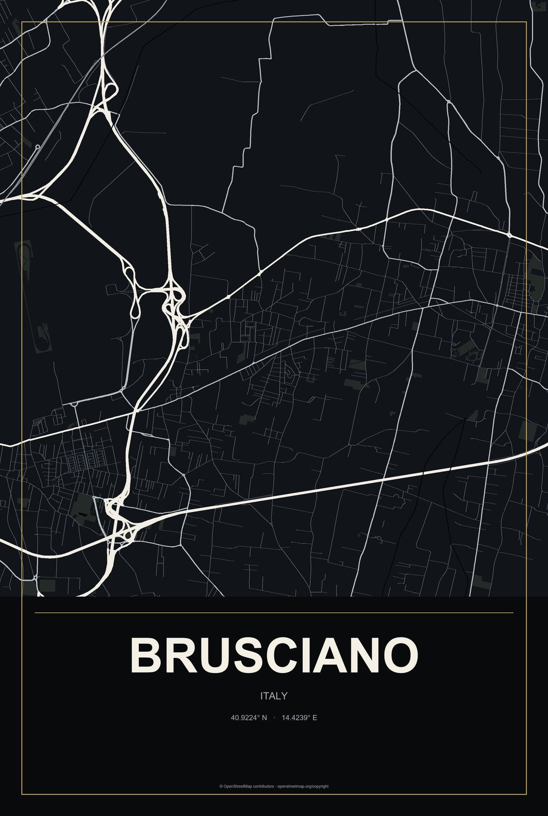 Brusciano, Italy City Map Aluminum Sign in Metropolitan Noir style