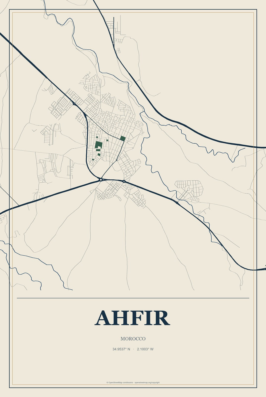 Ahfir, Morocco City Map Aluminum Sign in Coastal Cutout style