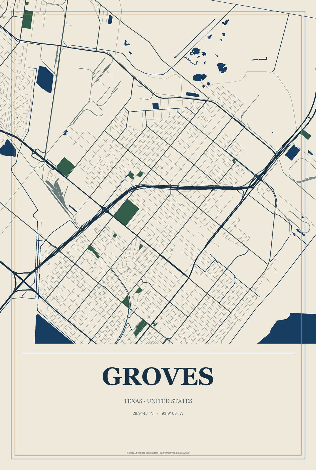 Groves, Texas City Map Aluminum Sign in Coastal Cutout style