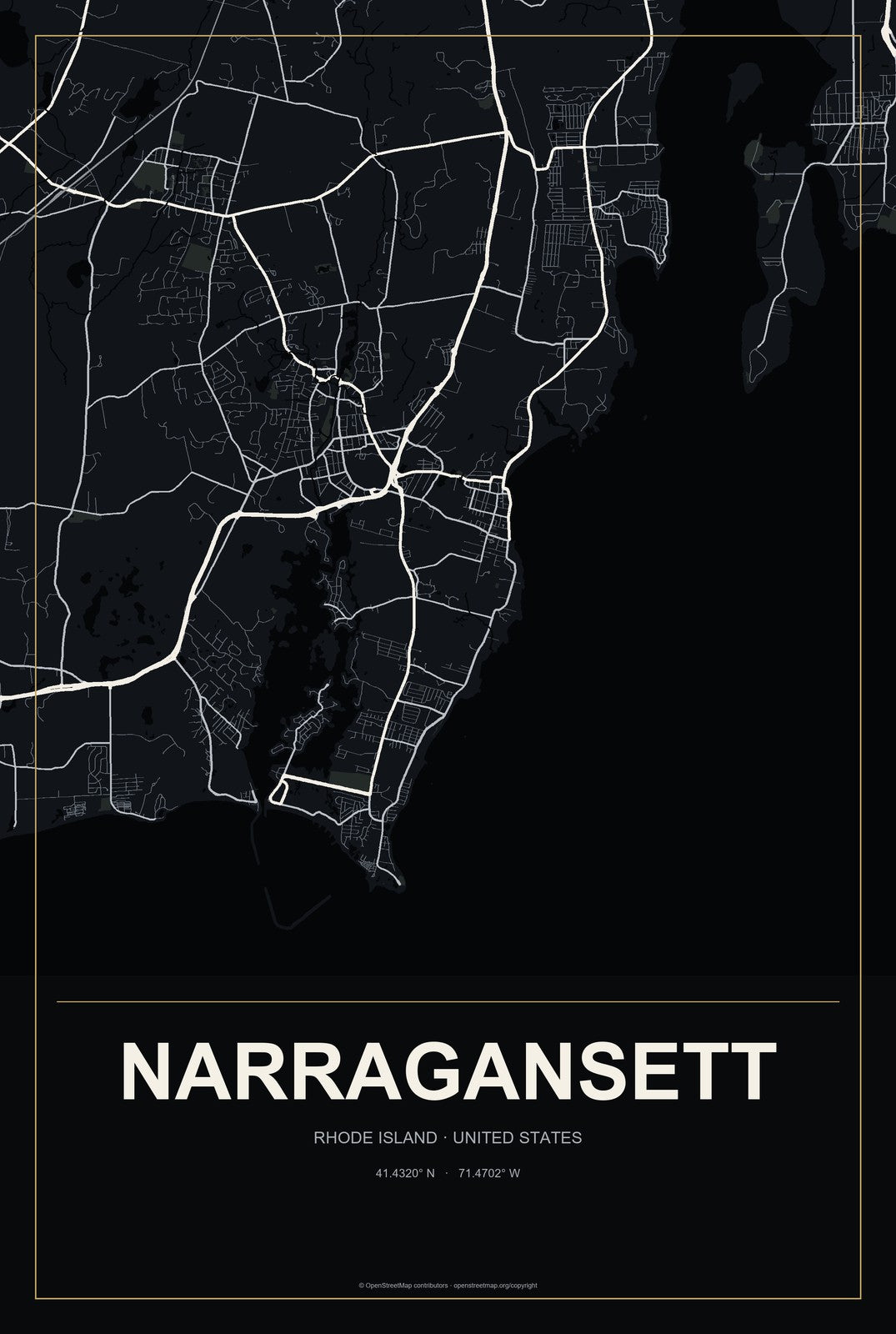 Narragansett, Rhode Island City Map Aluminum Sign in Metropolitan Noir style
