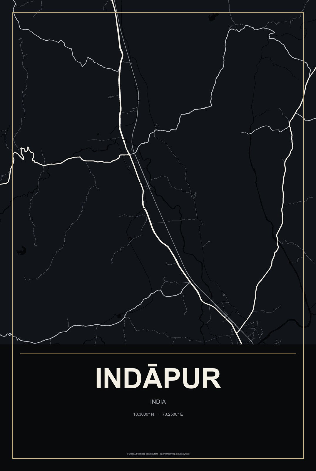 Indāpur, India City Map Aluminum Sign in Metropolitan Noir style