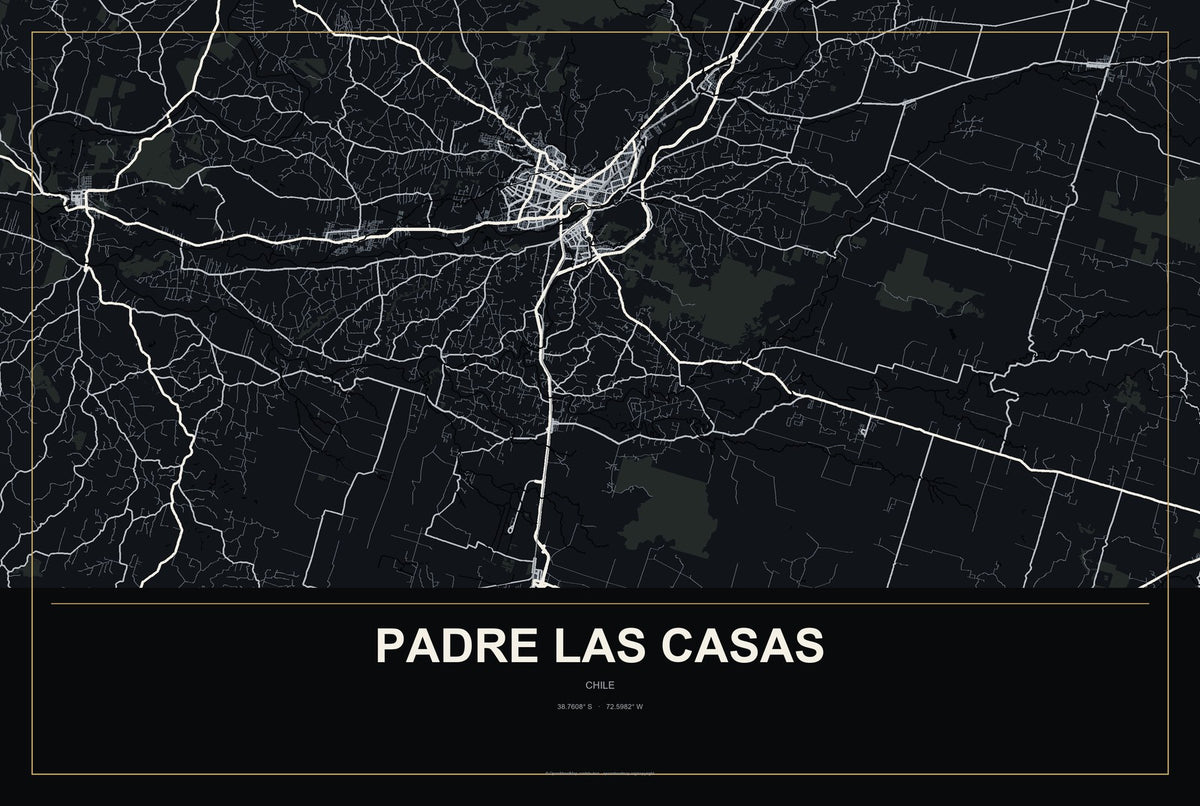 Padre Las Casas, Chile City Map Aluminum Sign in Metropolitan Noir style