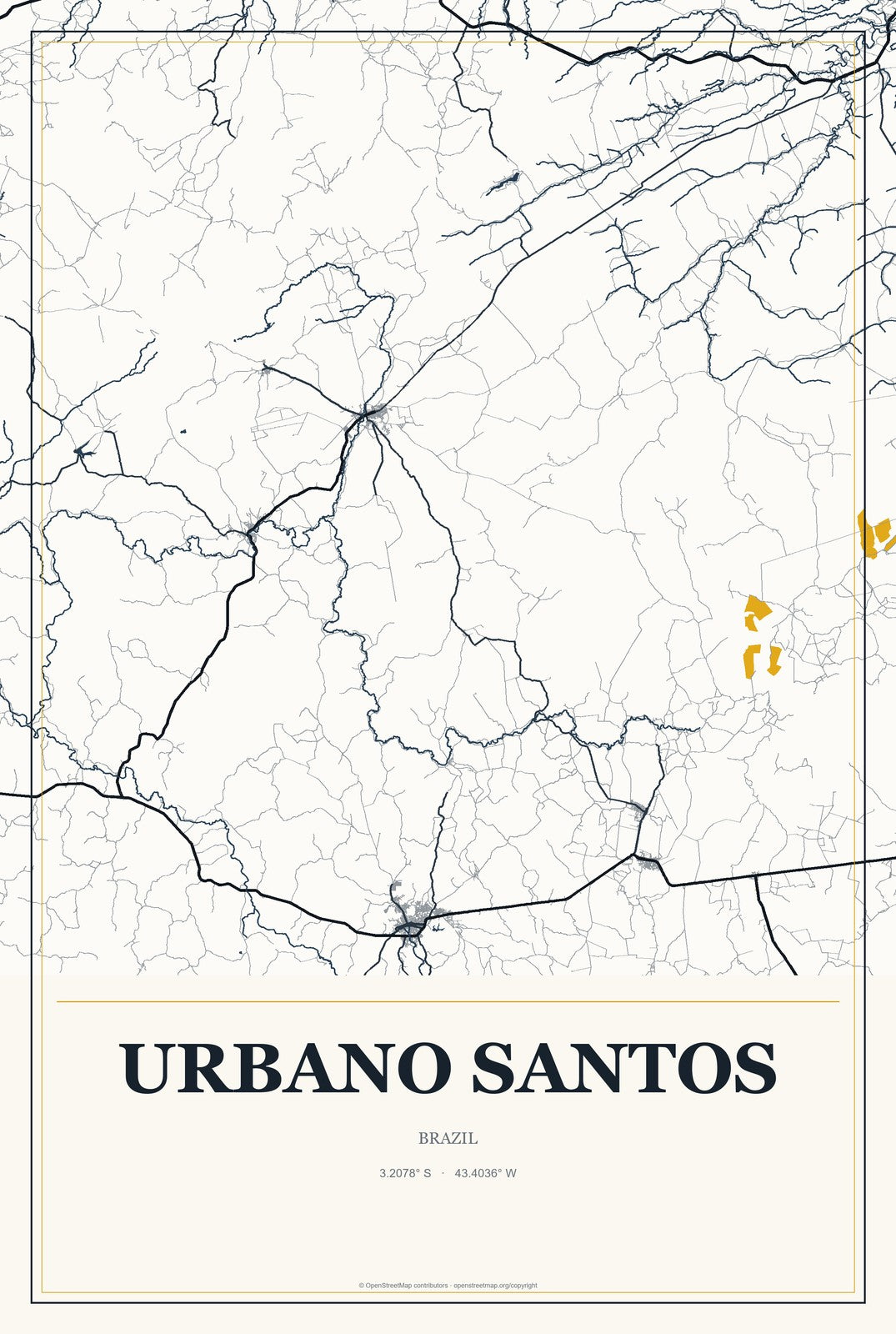 Urbano Santos, Brazil City Map Aluminum Sign in Citrine Modern style