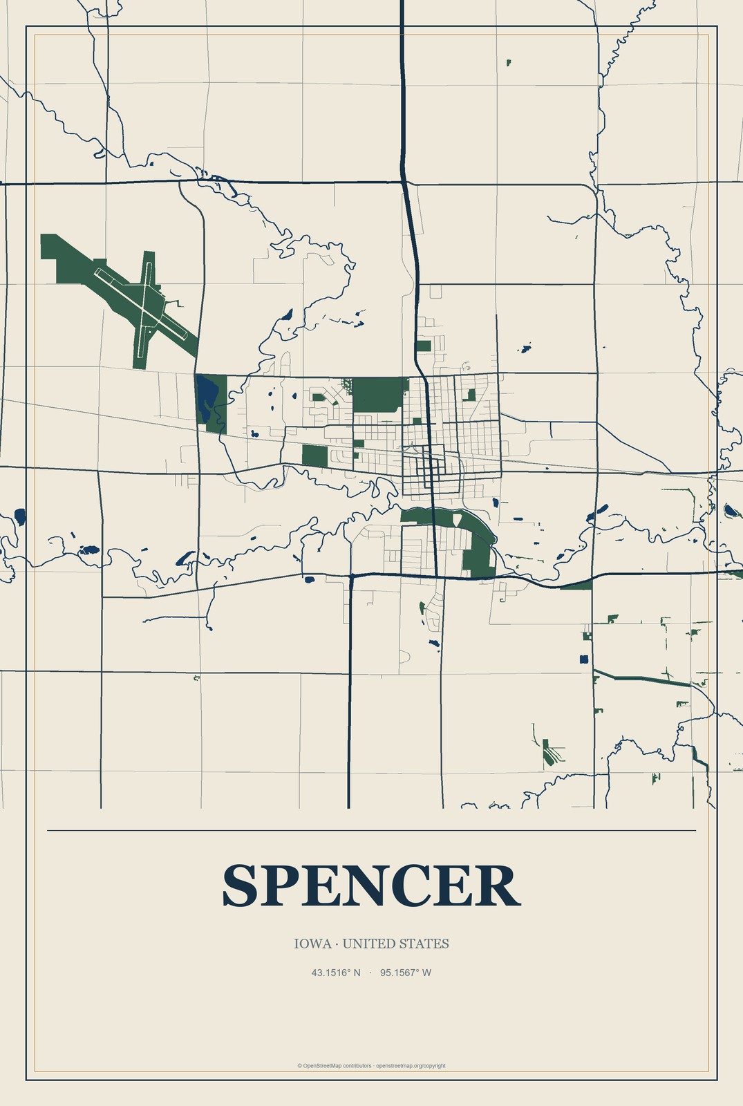 Spencer, Iowa City Map Aluminum Sign in Coastal Cutout style