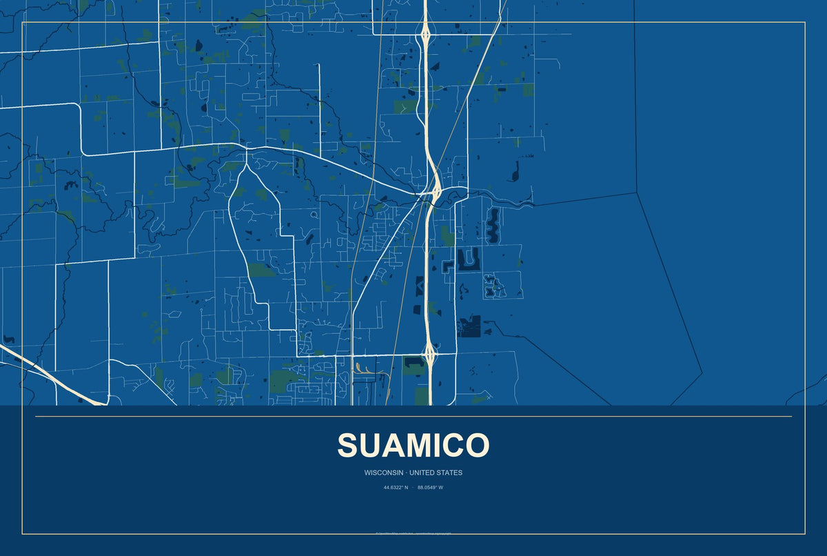 Suamico, Wisconsin City Map Aluminum Sign in Harbor Cobalt style