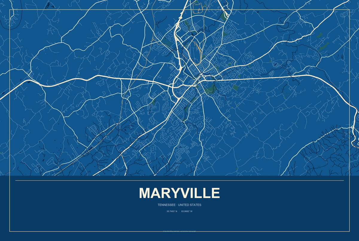 Maryville, Tennessee City Map Aluminum Sign in Harbor Cobalt style