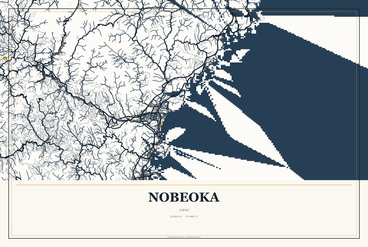 Nobeoka, Japan City Map Aluminum Sign in Citrine Modern style