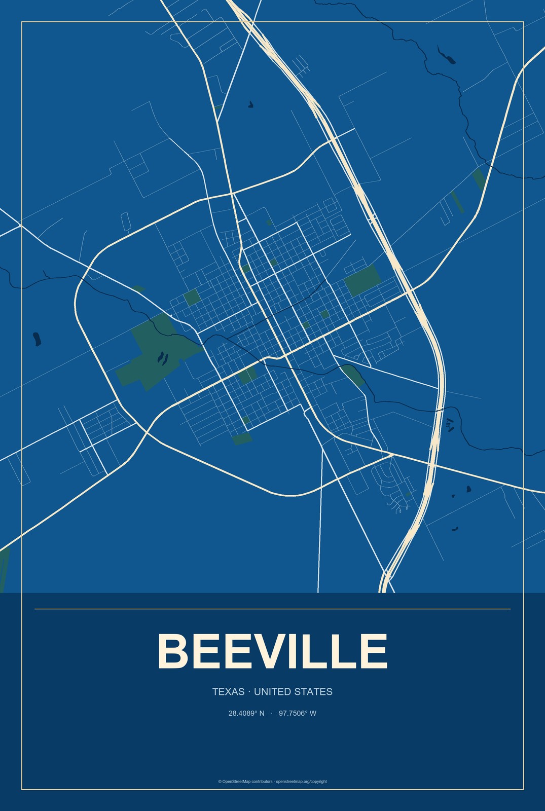 Beeville, Texas City Map Aluminum Sign in Harbor Cobalt style