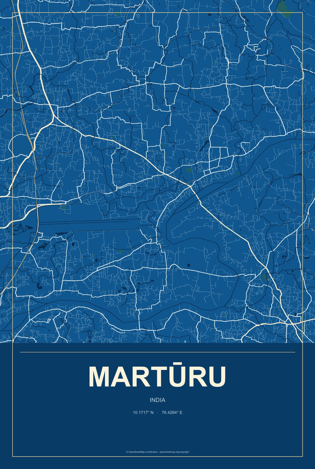 Martūru, India City Map Aluminum Sign in Harbor Cobalt style