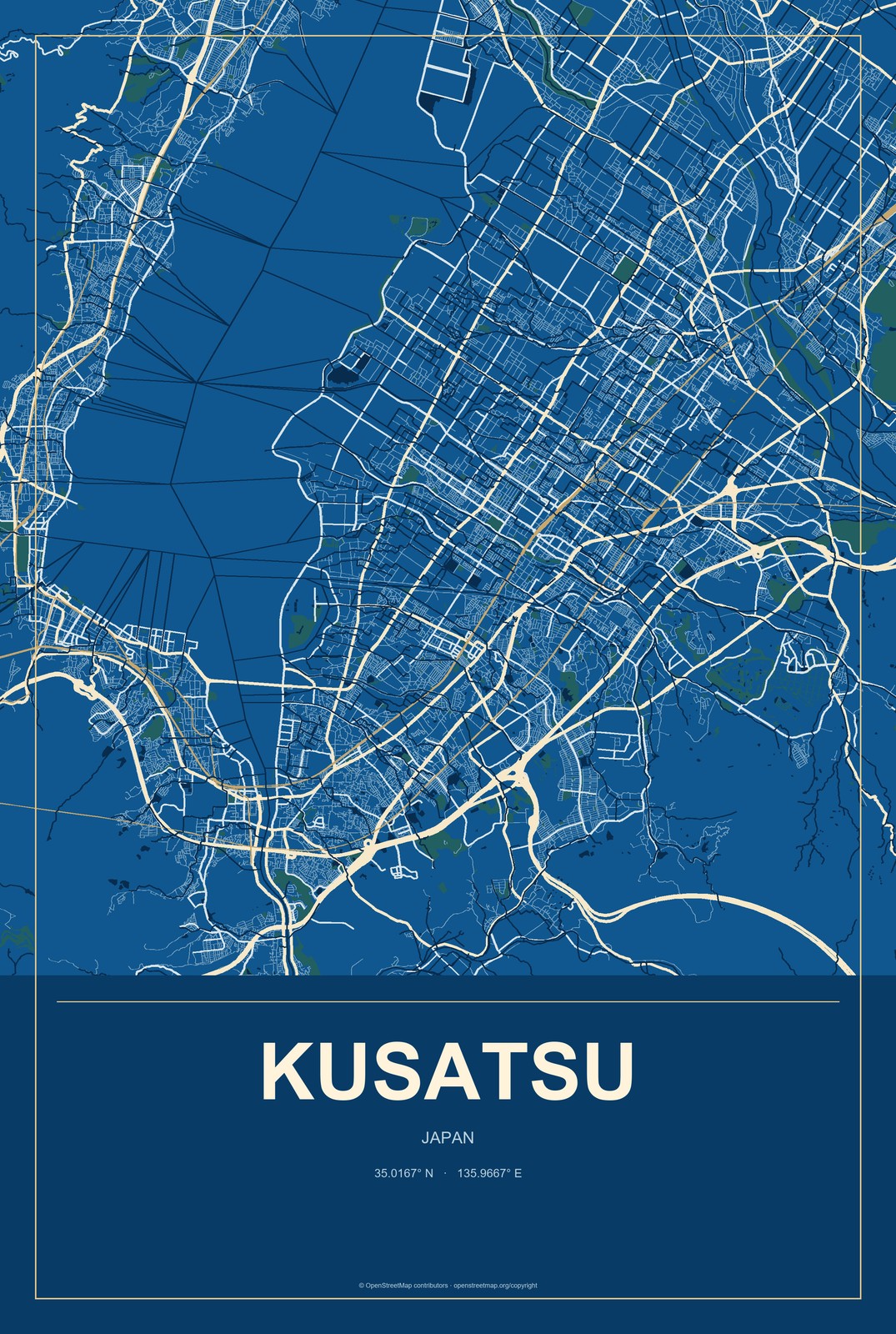 Kusatsu, Japan City Map Aluminum Sign in Harbor Cobalt style