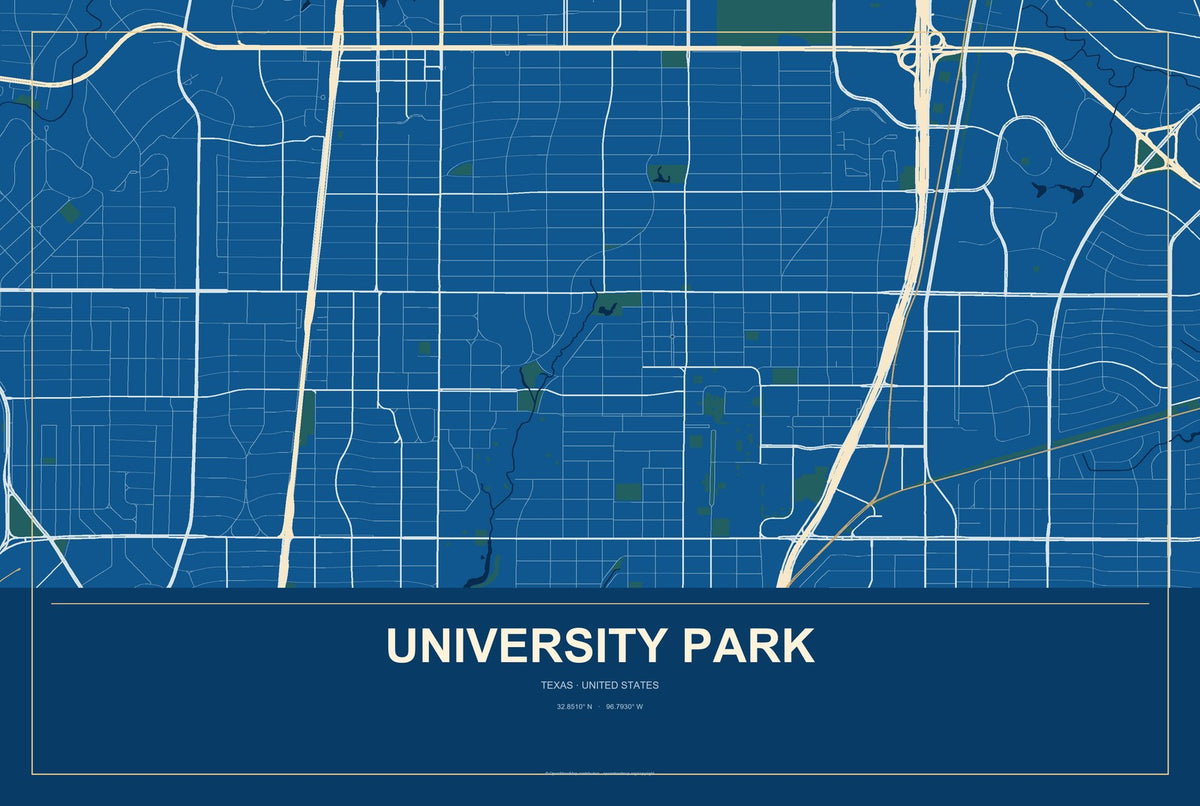 University Park, Texas City Map Aluminum Sign in Harbor Cobalt style