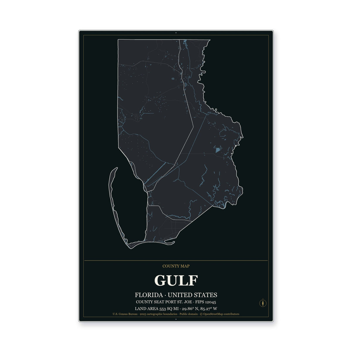 Gulf County, Florida Map Aluminum Sign in Metropolitan Noir style