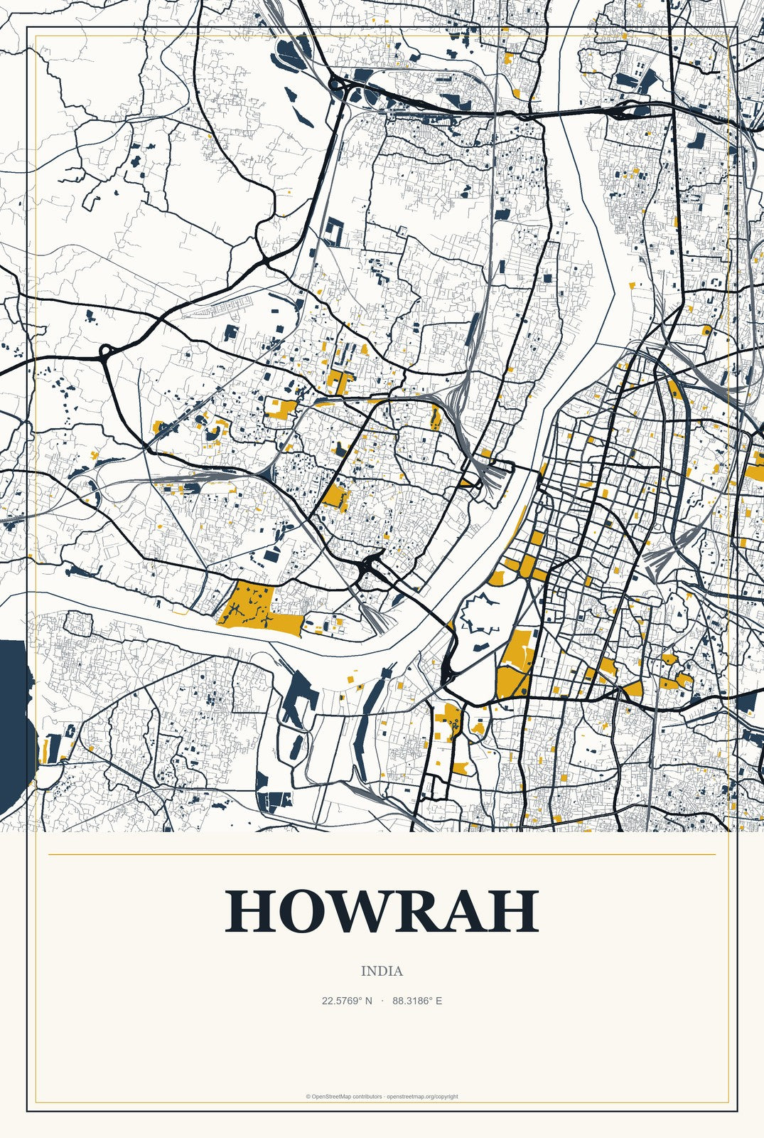 Howrah, India City Map Aluminum Sign in Citrine Modern style