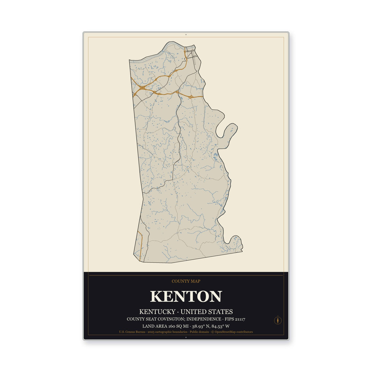 Kenton County, Kentucky Map Aluminum Sign in Museum Plaque style