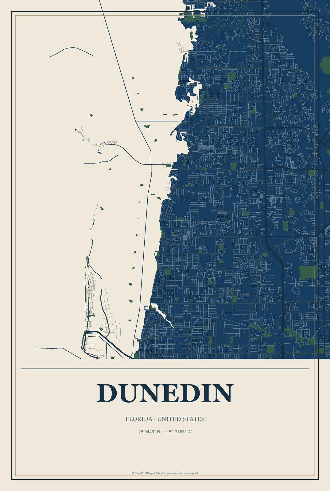 Dunedin, Florida City Map Aluminum Sign in Coastal Cutout style