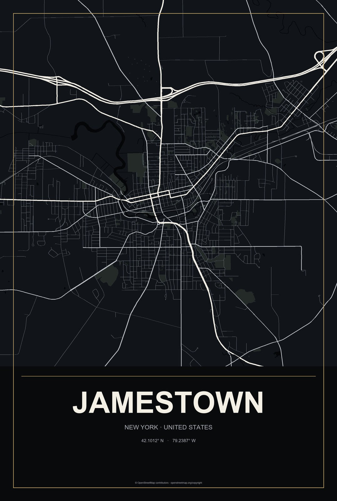 Jamestown, New York City Map Aluminum Sign in Metropolitan Noir style
