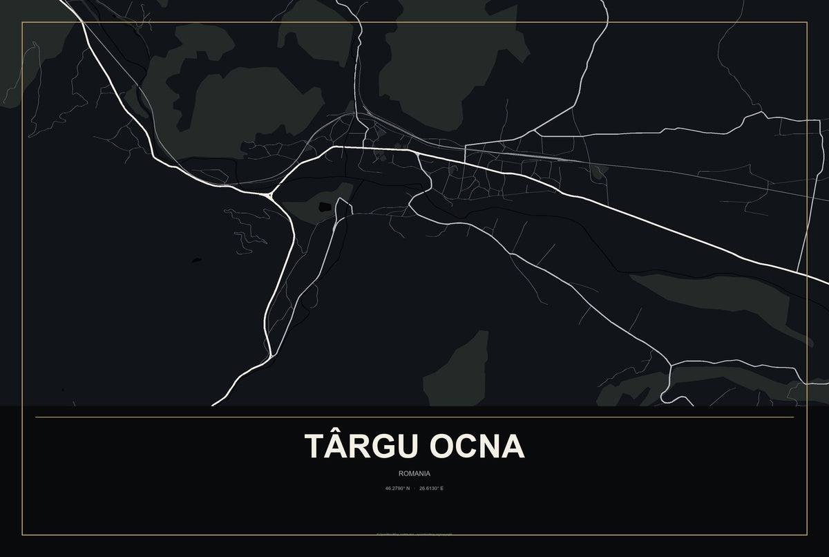 Târgu Ocna, Romania City Map Aluminum Sign in Metropolitan Noir style