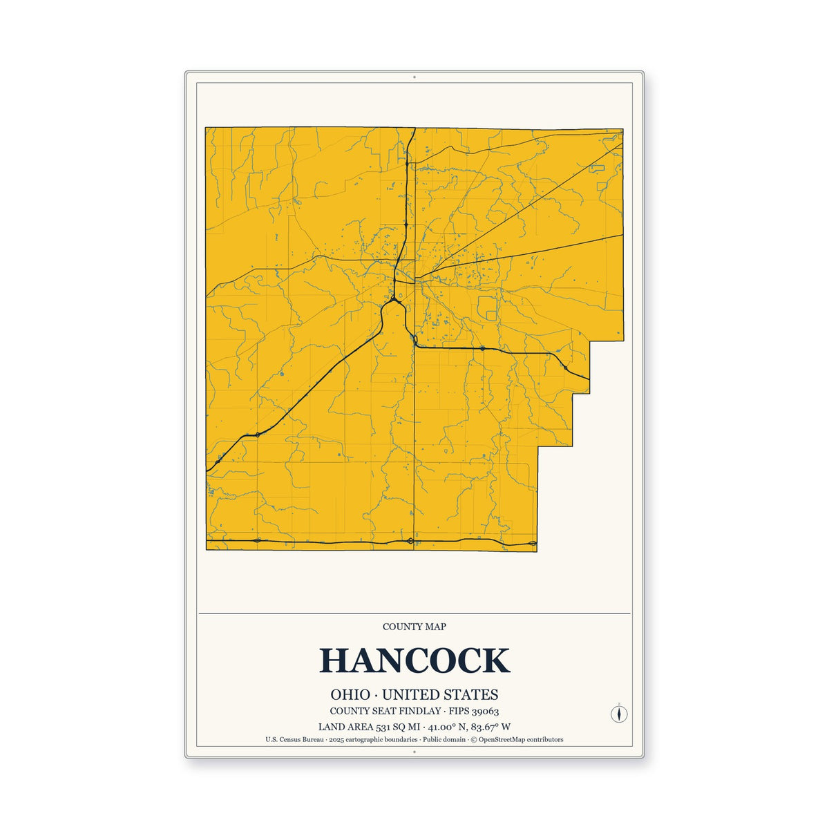Hancock County, Ohio Map Aluminum Sign in Citrine Modern style