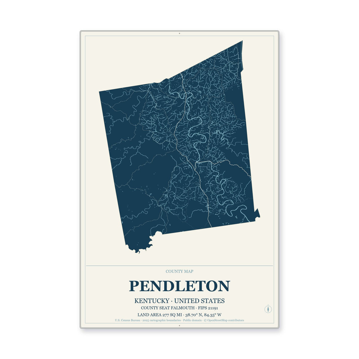 Pendleton County, Kentucky Map Aluminum Sign in Coastal Cutout style