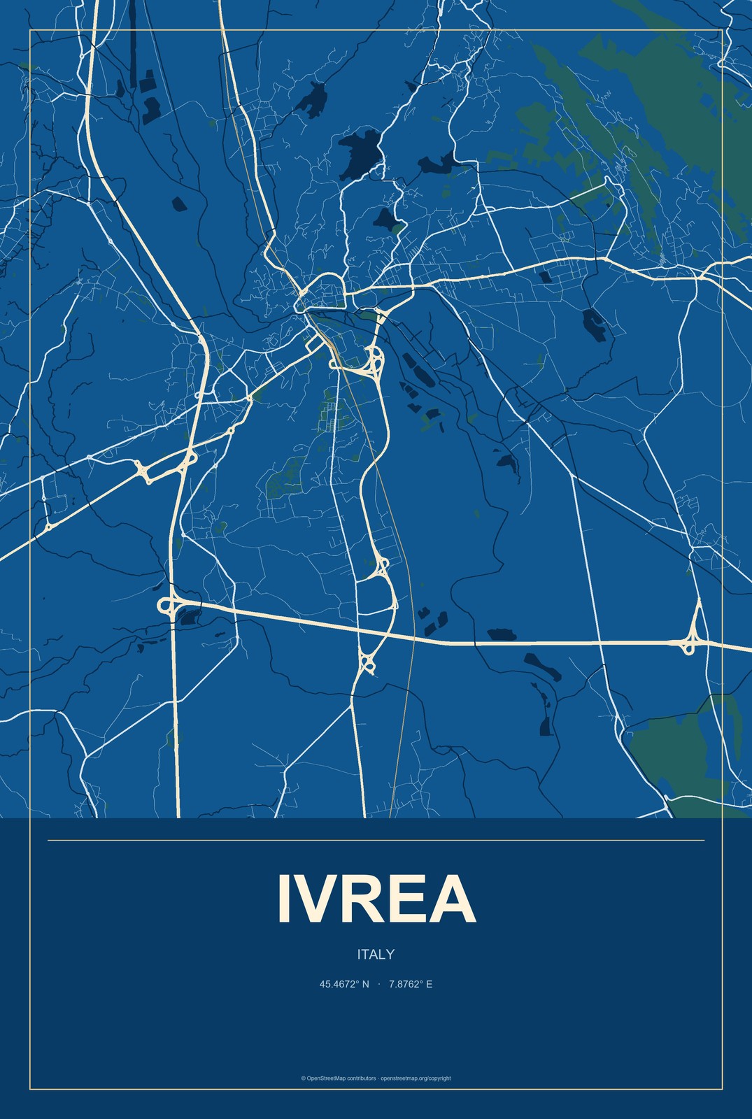 Ivrea, Italy City Map Aluminum Sign in Harbor Cobalt style