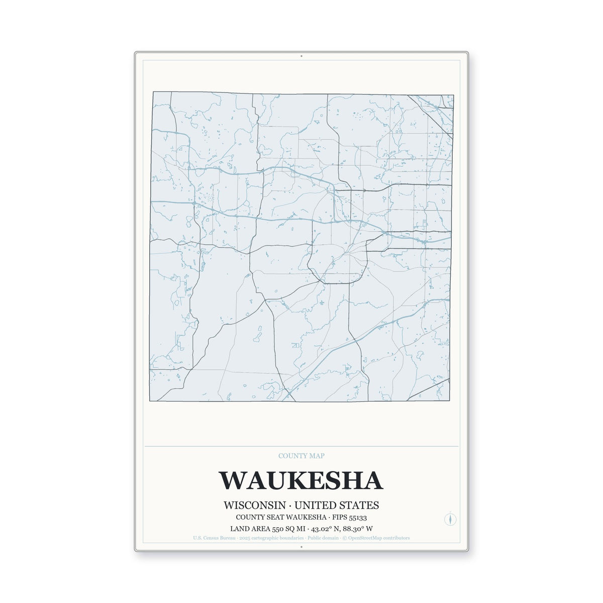 Waukesha County, Wisconsin Map Aluminum Sign in Gallery Air style