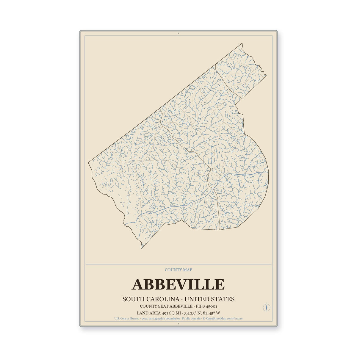 Abbeville County, South Carolina Map Aluminum Sign in Heritage Nautical style