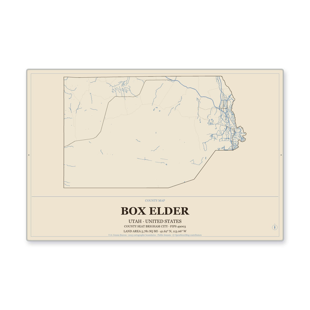 Box Elder County, Utah Map Aluminum Sign in Heritage Nautical style