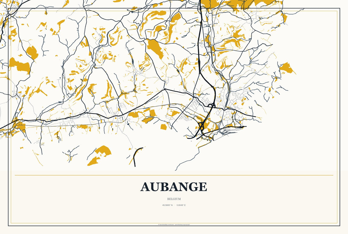 Aubange, Belgium City Map Aluminum Sign in Citrine Modern style