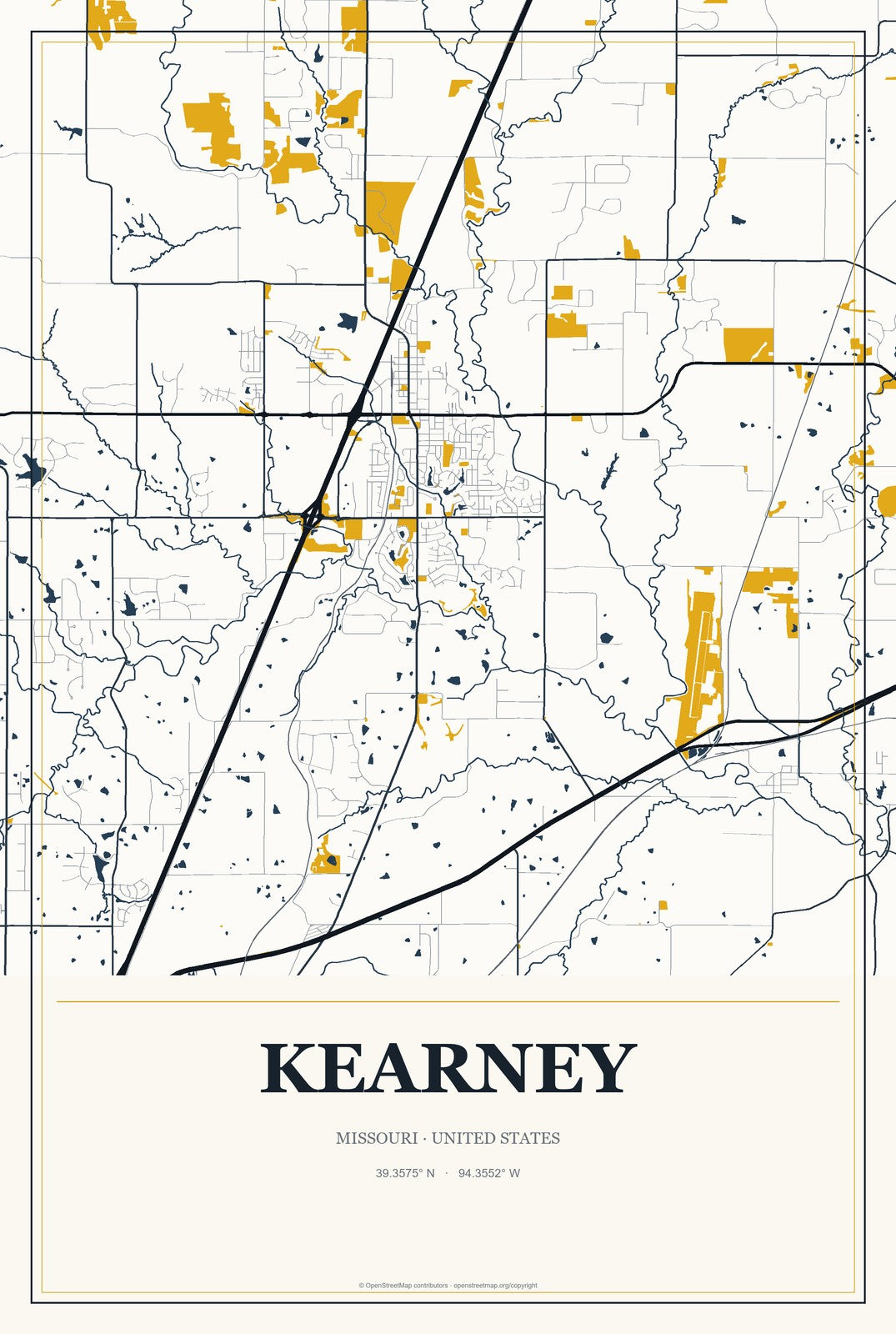 Kearney, Missouri City Map Aluminum Sign in Citrine Modern style
