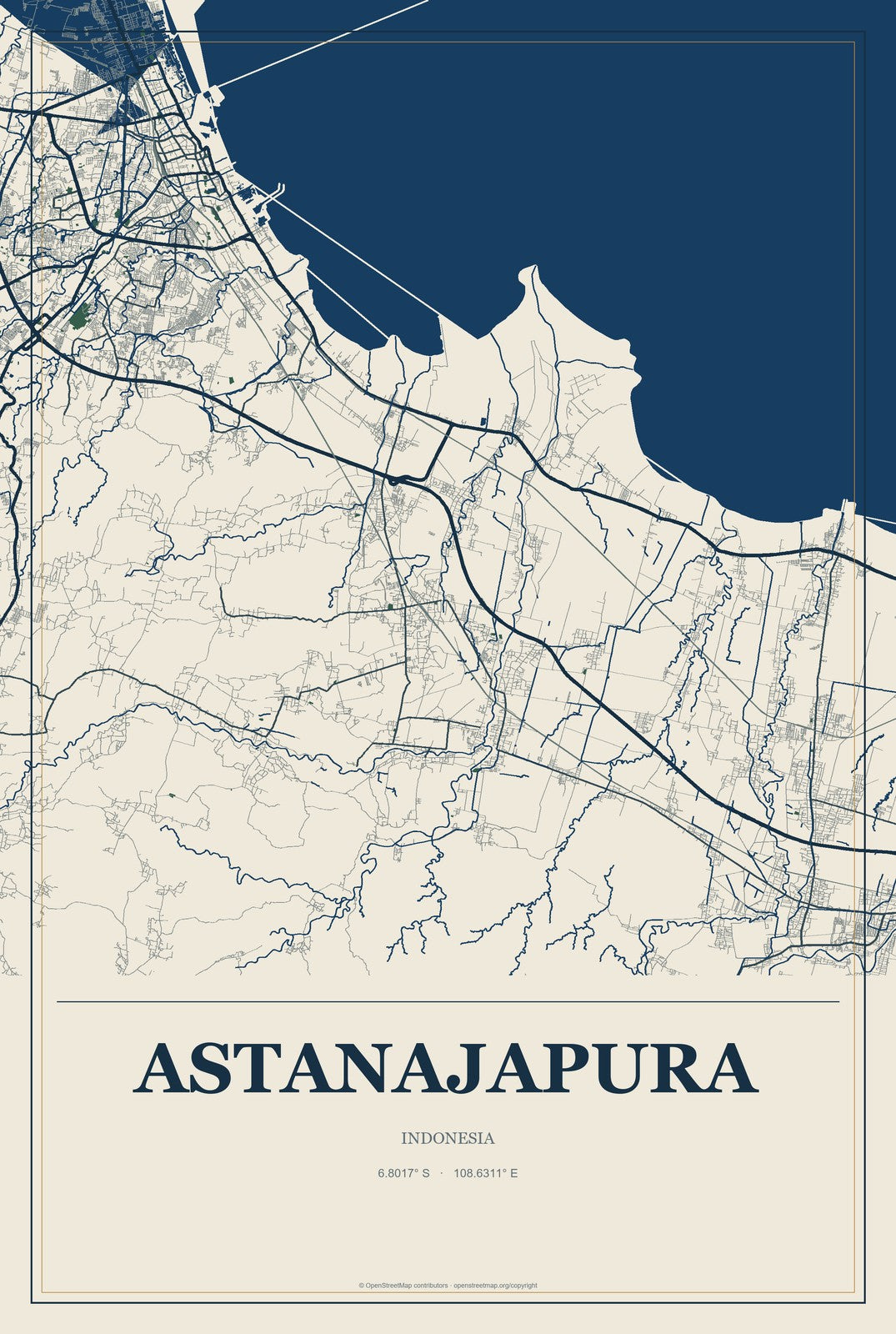 Astanajapura, Indonesia City Map Aluminum Sign in Coastal Cutout style