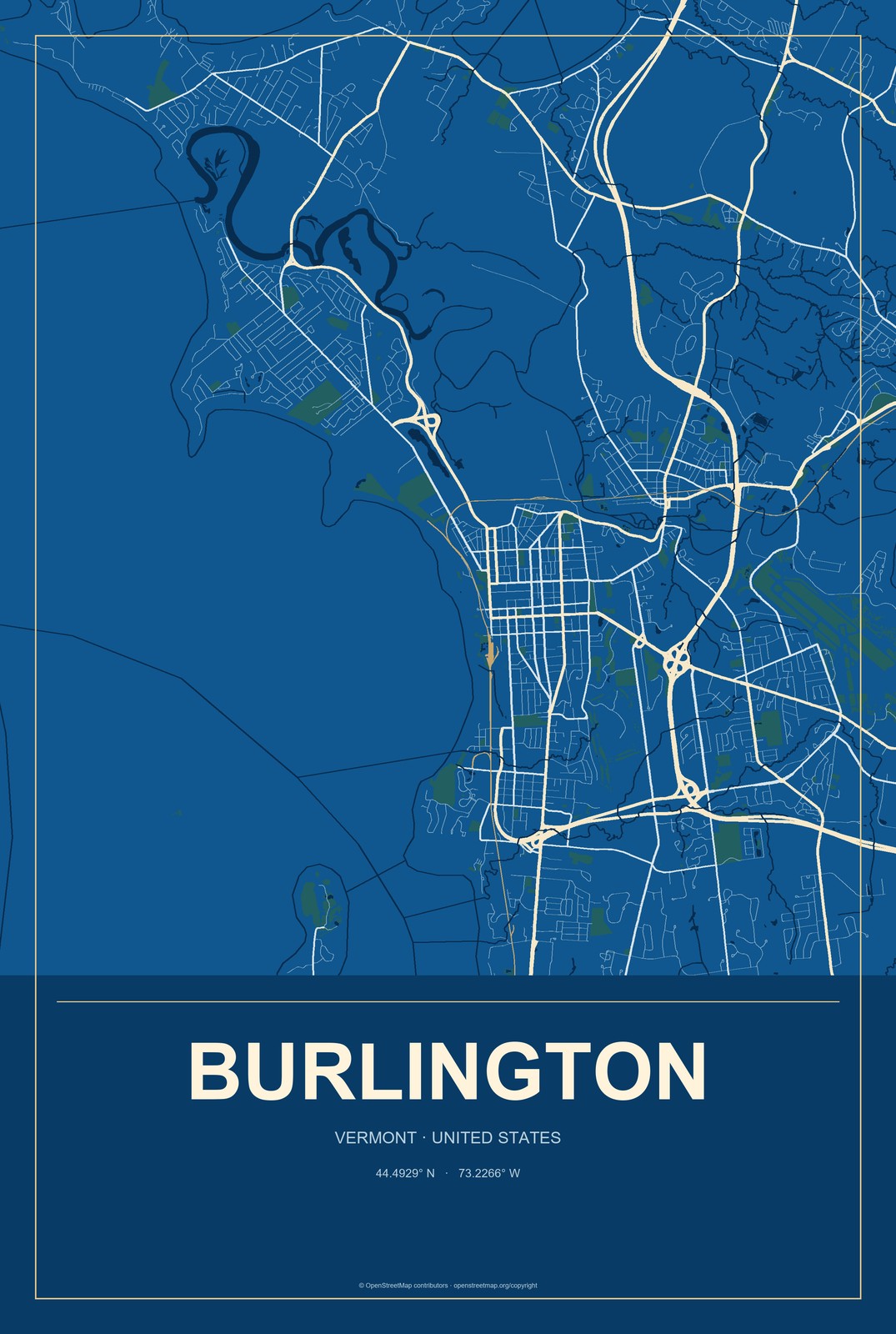 Burlington, Vermont City Map Aluminum Sign in Harbor Cobalt style