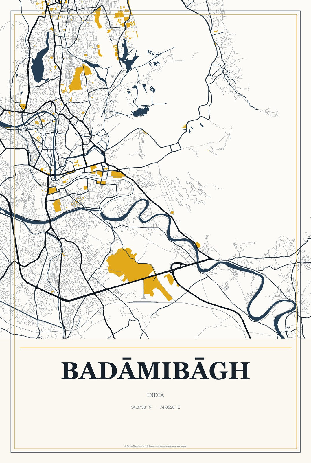 Badāmibāgh, India City Map Aluminum Sign in Citrine Modern style