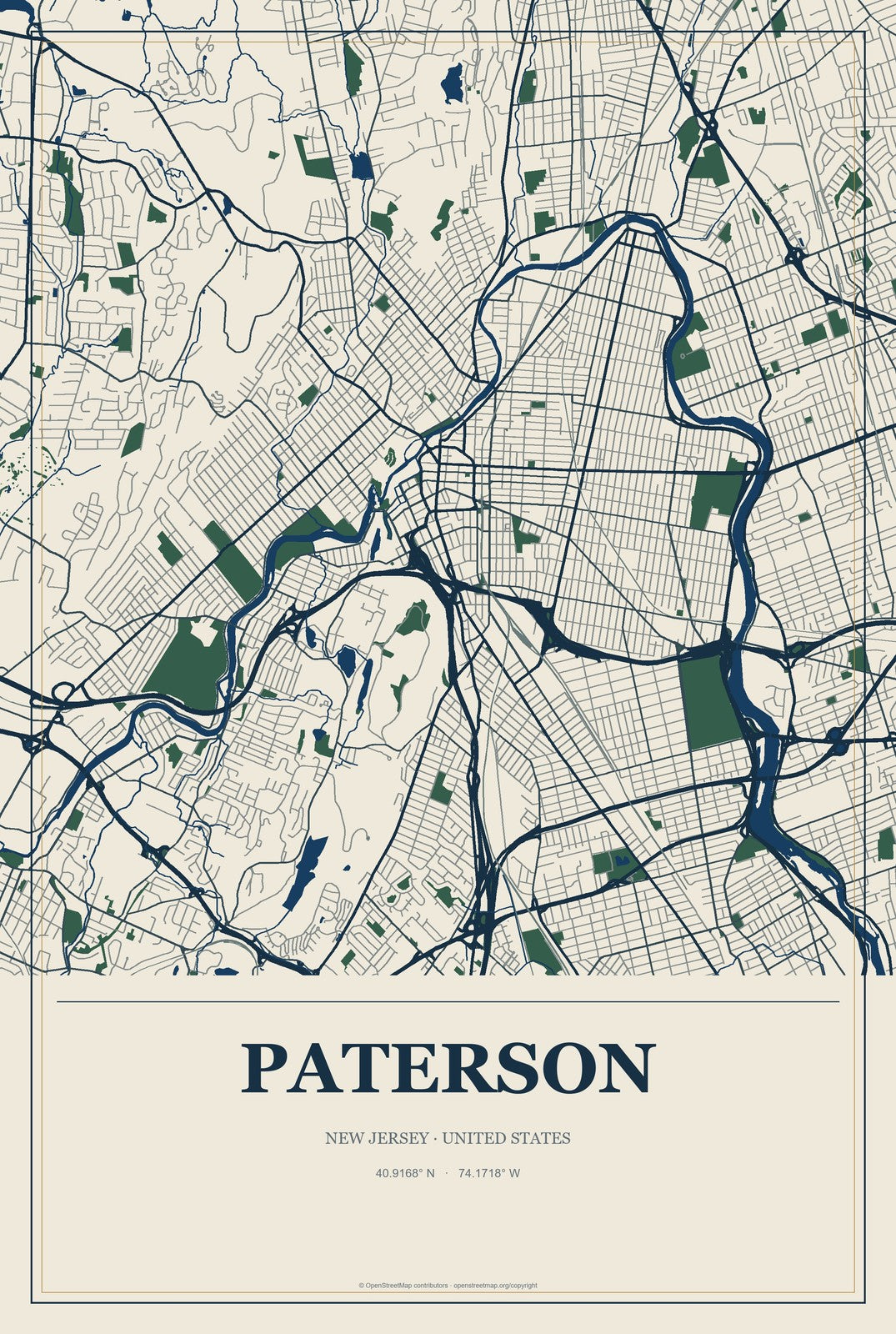 Paterson, New Jersey City Map Aluminum Sign in Coastal Cutout style