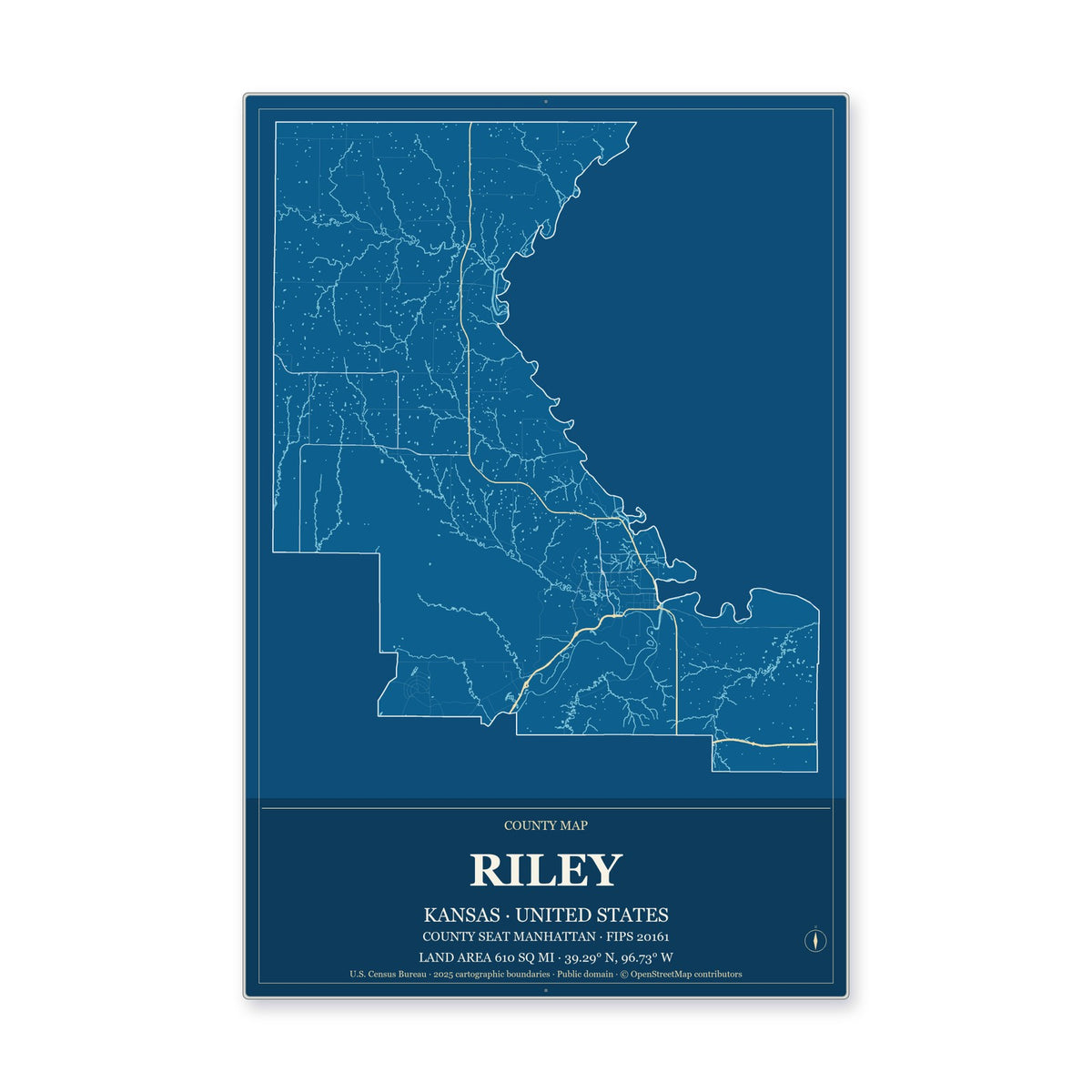 Riley County, Kansas Map Aluminum Sign in Harbor Cobalt style