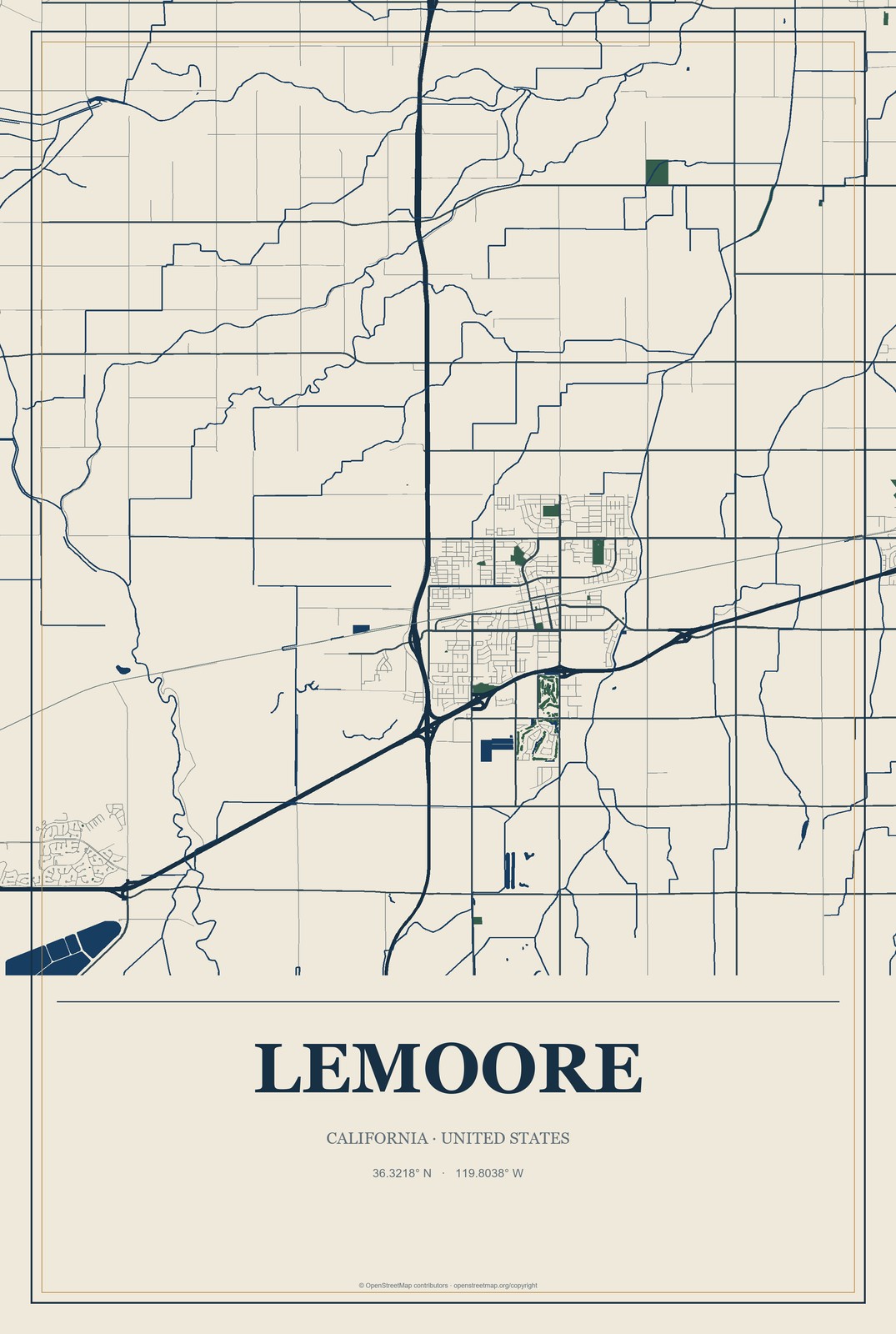Lemoore, California City Map Aluminum Sign in Coastal Cutout style