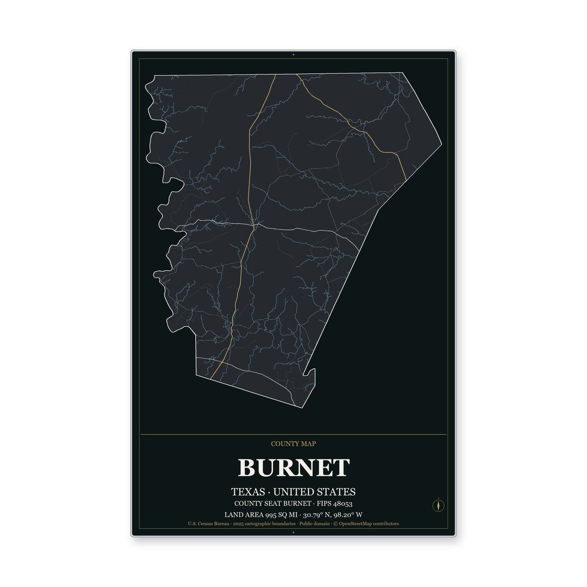 Burnet County, Texas Map Aluminum Sign in Metropolitan Noir style
