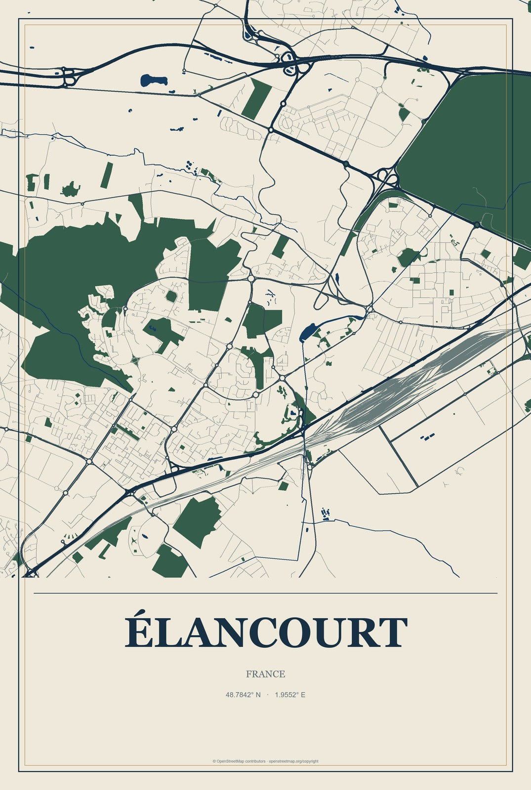 Élancourt, France City Map Aluminum Sign in Coastal Cutout style