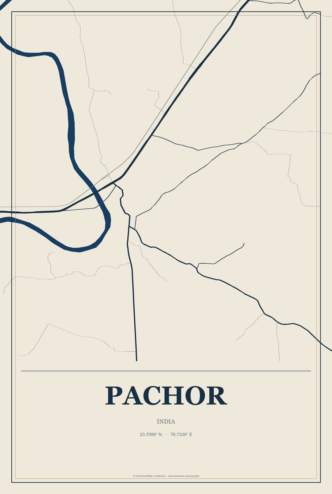 Pachor, India City Map Aluminum Sign in Coastal Cutout style