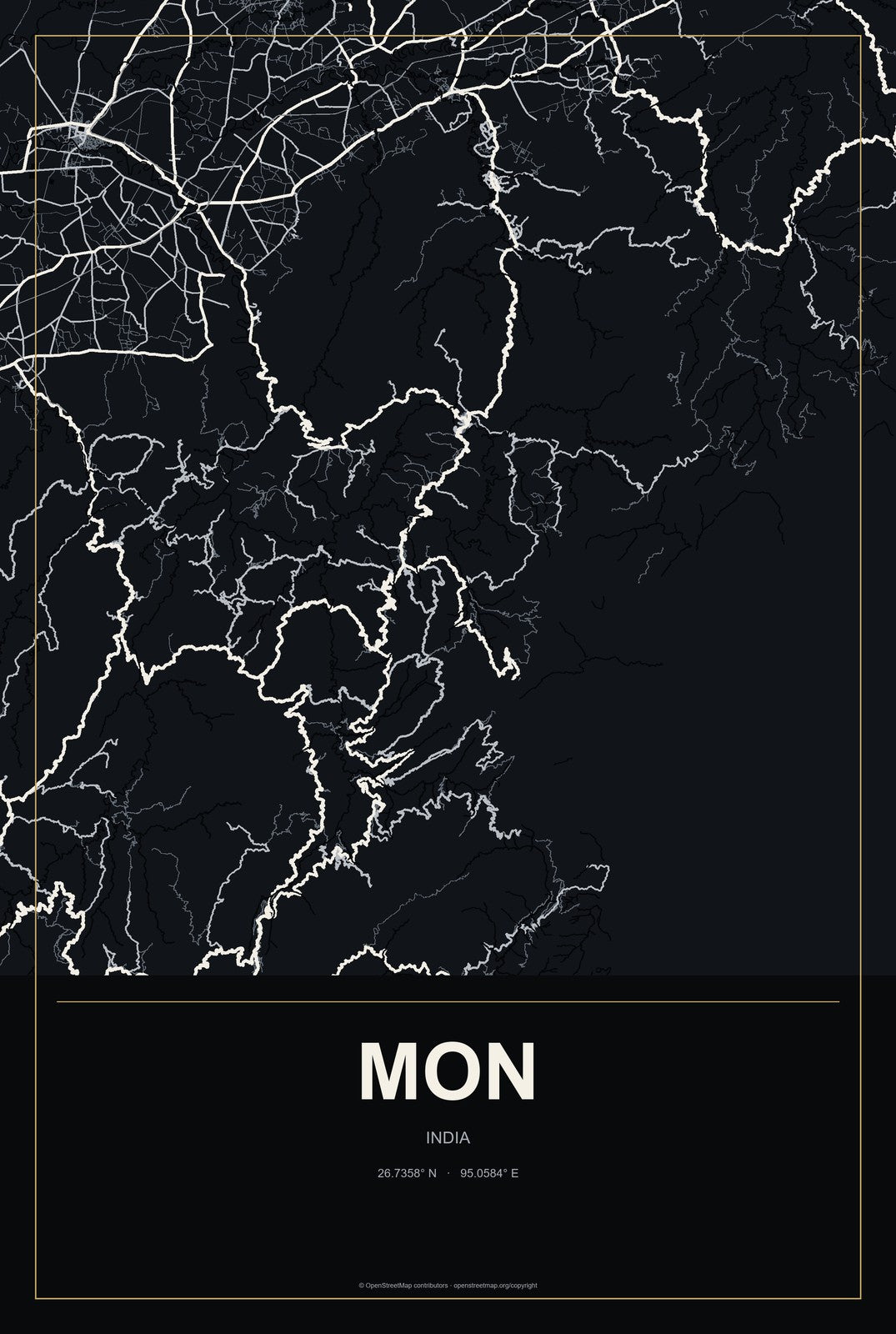 Mon, India City Map Aluminum Sign in Metropolitan Noir style