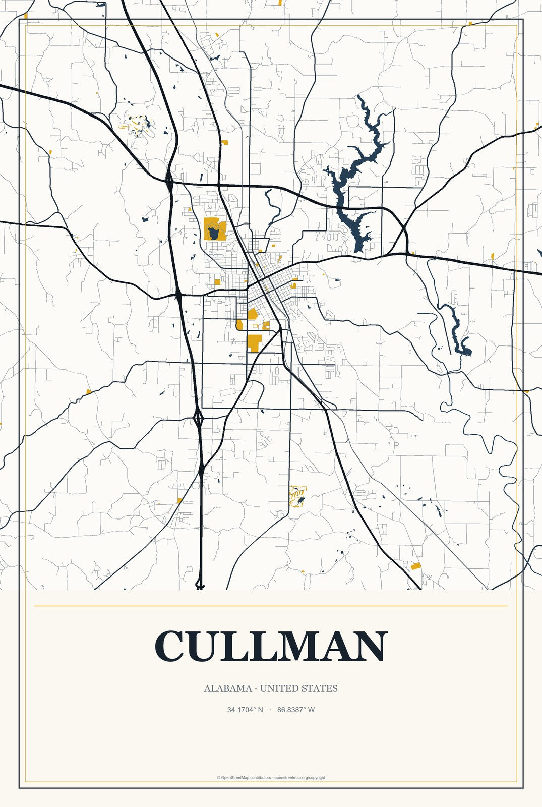 Cullman, Alabama City Map Aluminum Sign in Citrine Modern style