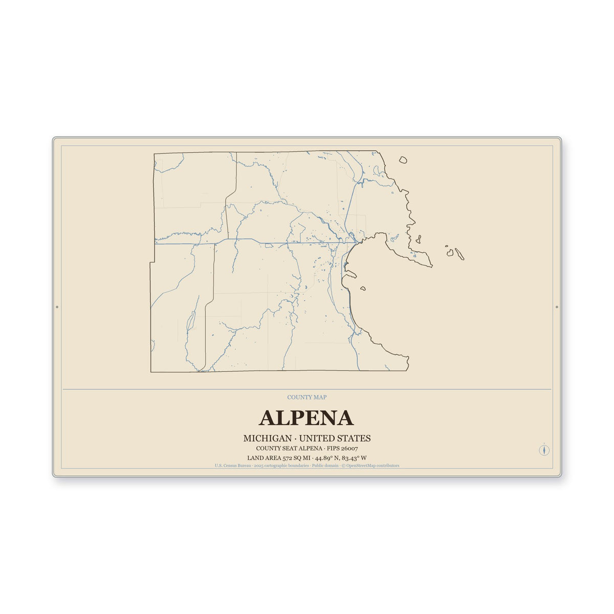 Alpena County, Michigan Map Aluminum Sign in Heritage Nautical style