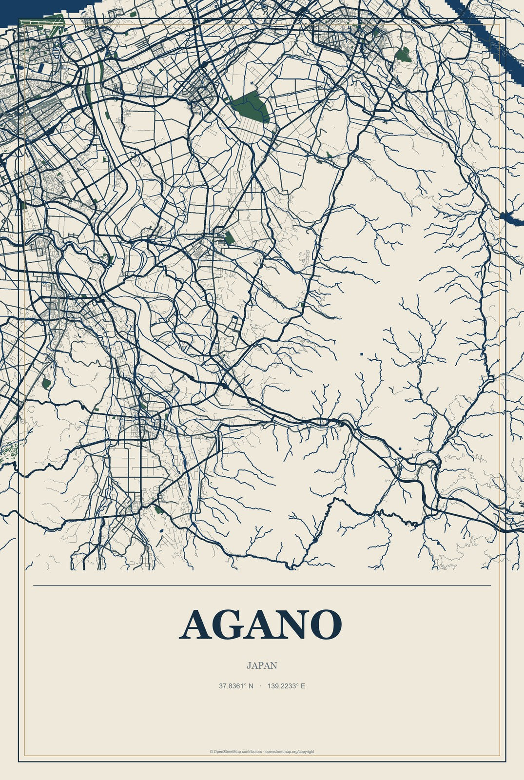 Agano, Japan City Map Aluminum Sign in Coastal Cutout style