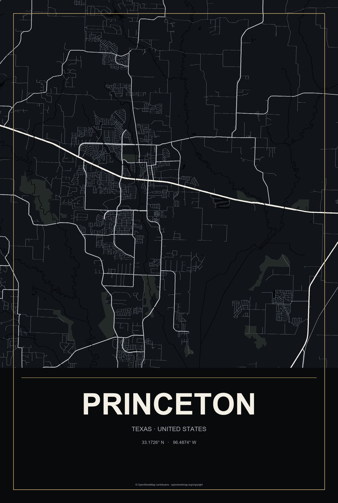 Princeton, Texas City Map Aluminum Sign in Metropolitan Noir style