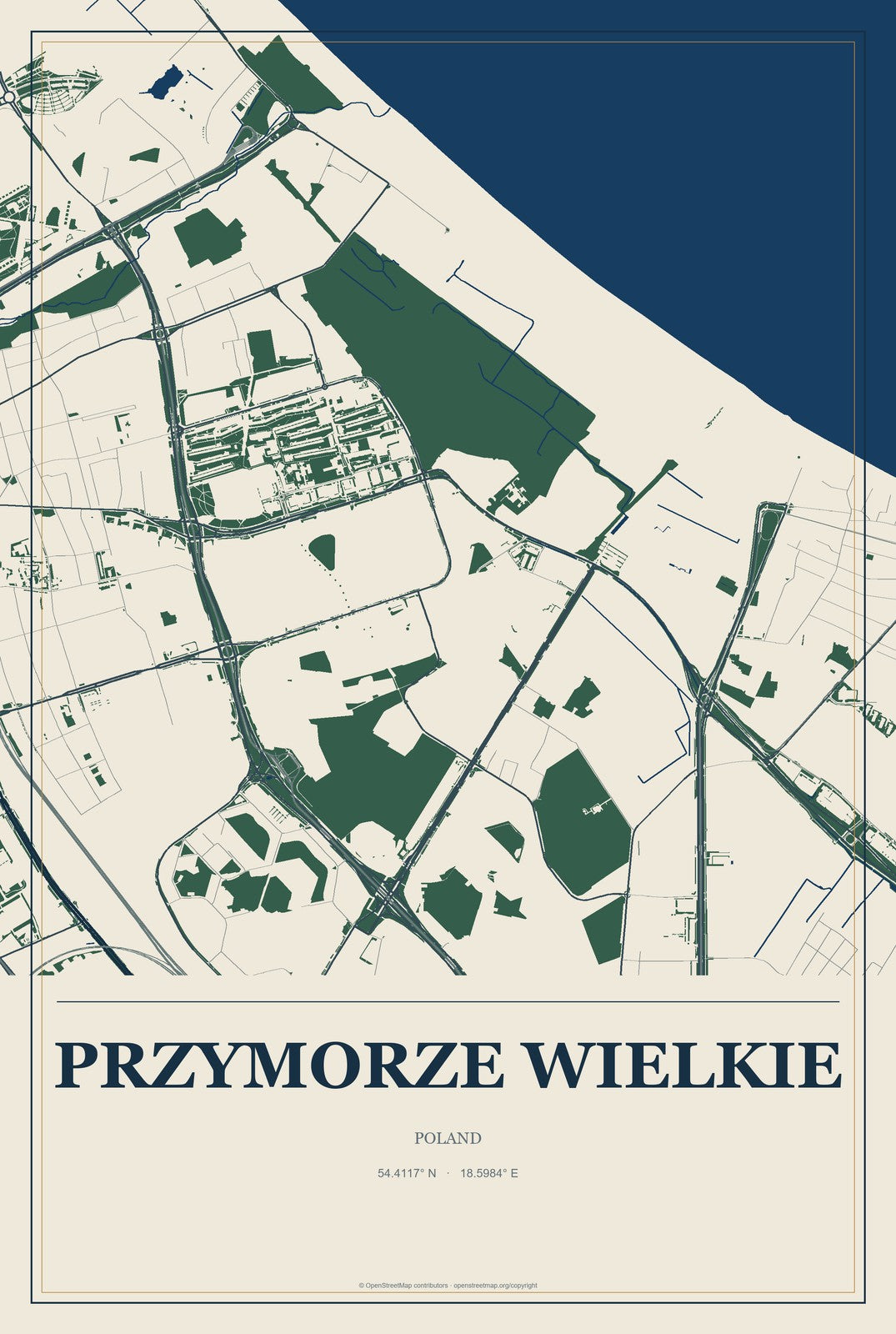 Przymorze Wielkie, Poland City Map Aluminum Sign in Coastal Cutout style