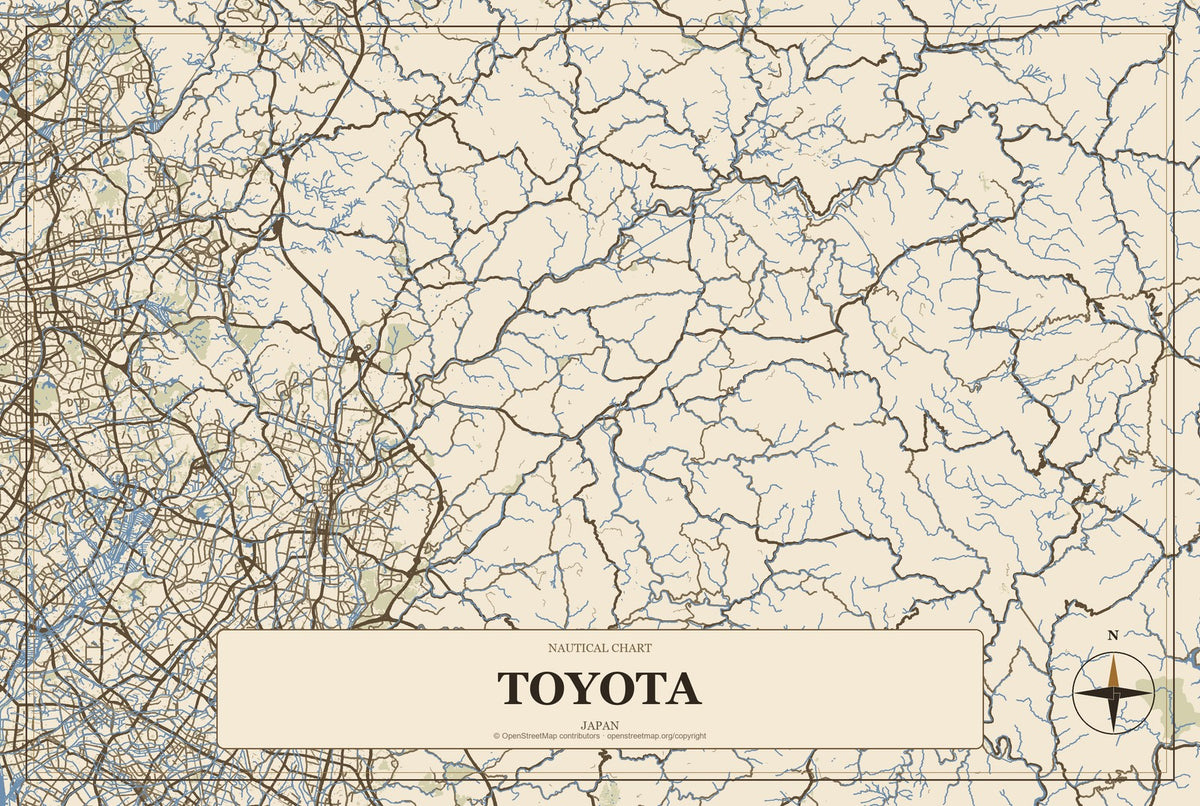 Toyota, Aomori, Japan City Map Aluminum Sign in Heritage Nautical style