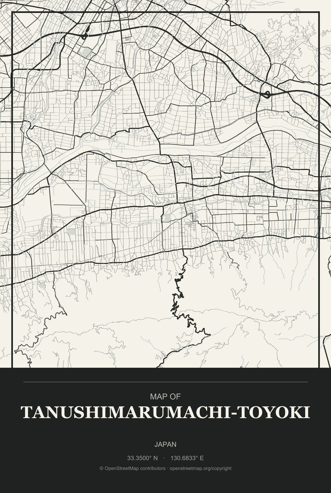 Tanushimarumachi-toyoki, Japan City Map Aluminum Sign in Museum Plaque style