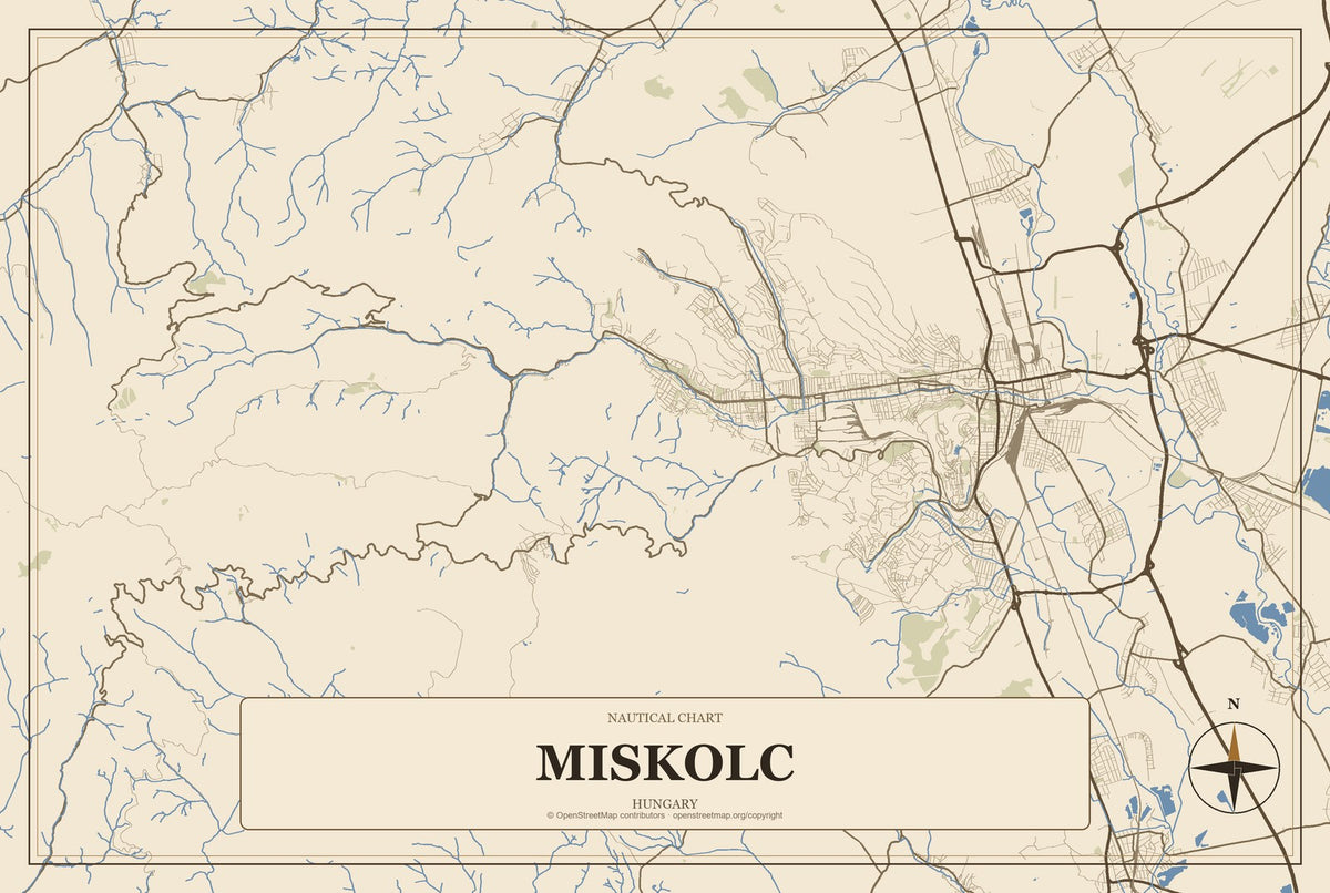 Miskolc, Hungary City Map Aluminum Sign in Heritage Nautical style