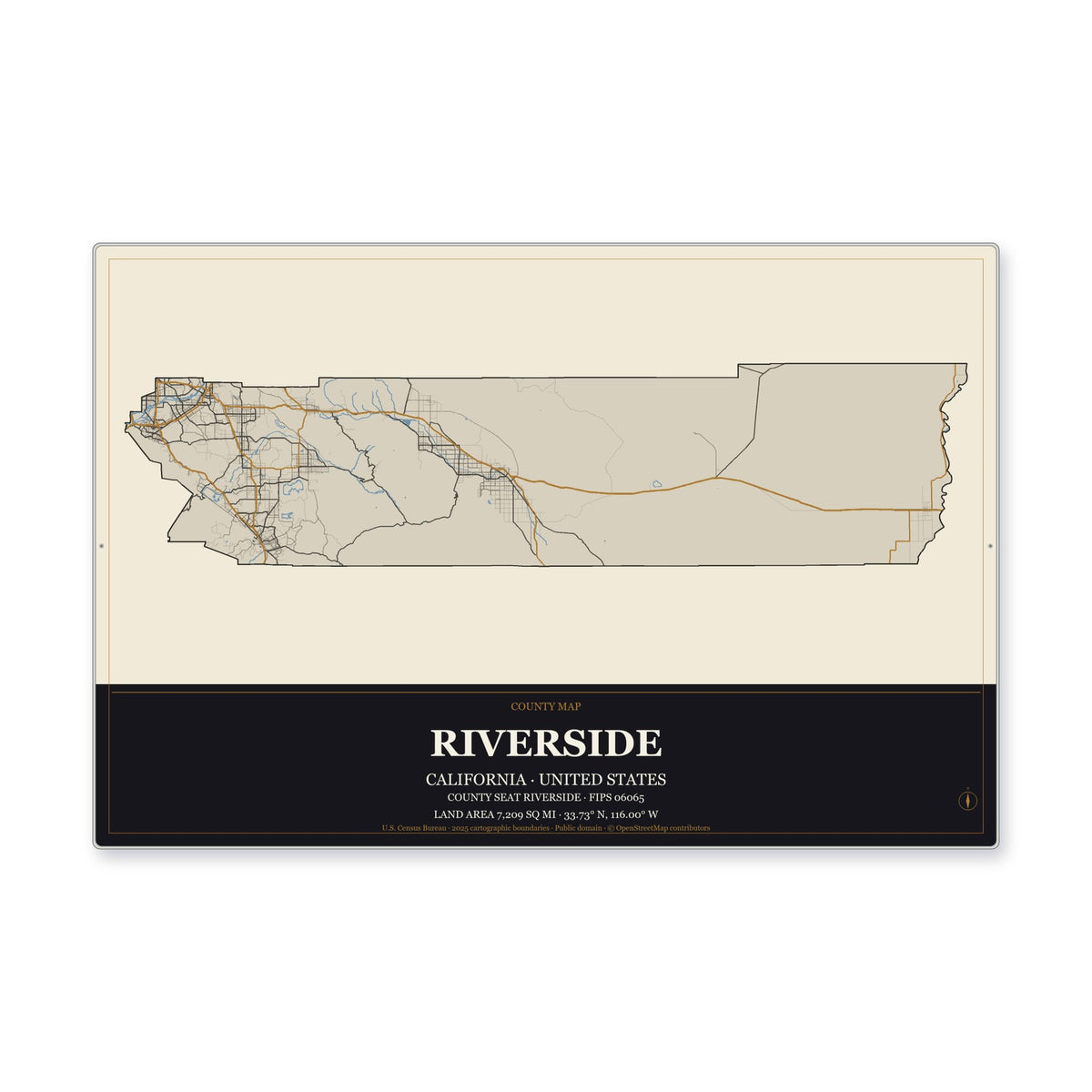 Riverside County, California Map Aluminum Sign in Museum Plaque style